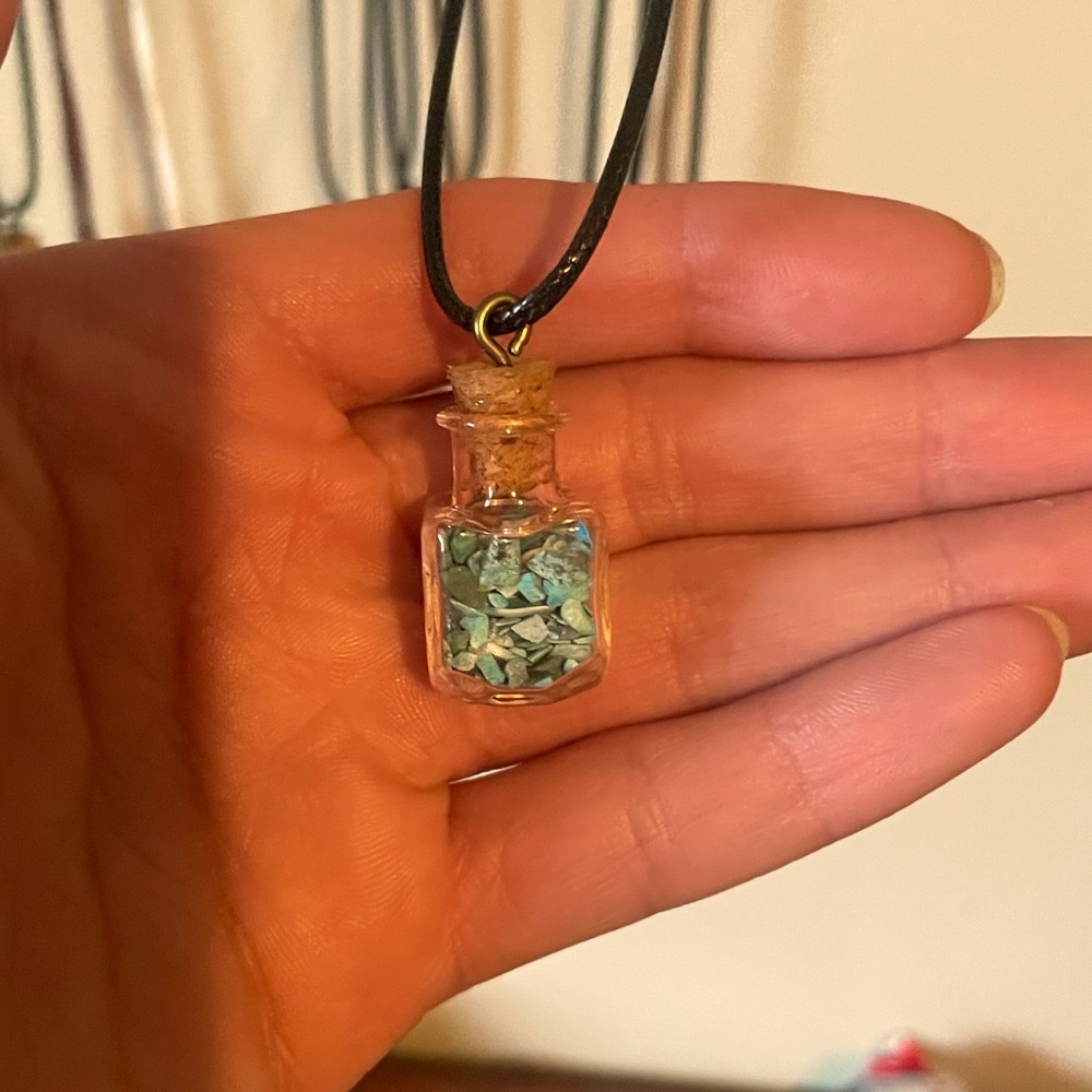 Handmade Tiny Jar Necklace w/ Turquoise Crystal Chips